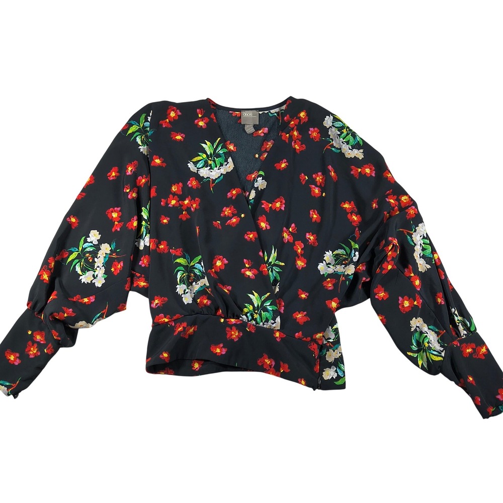 ASOS  Wrap Blouse Black Floral Print Long Puff Sleeve‎ V Neck Cinched Waist Top